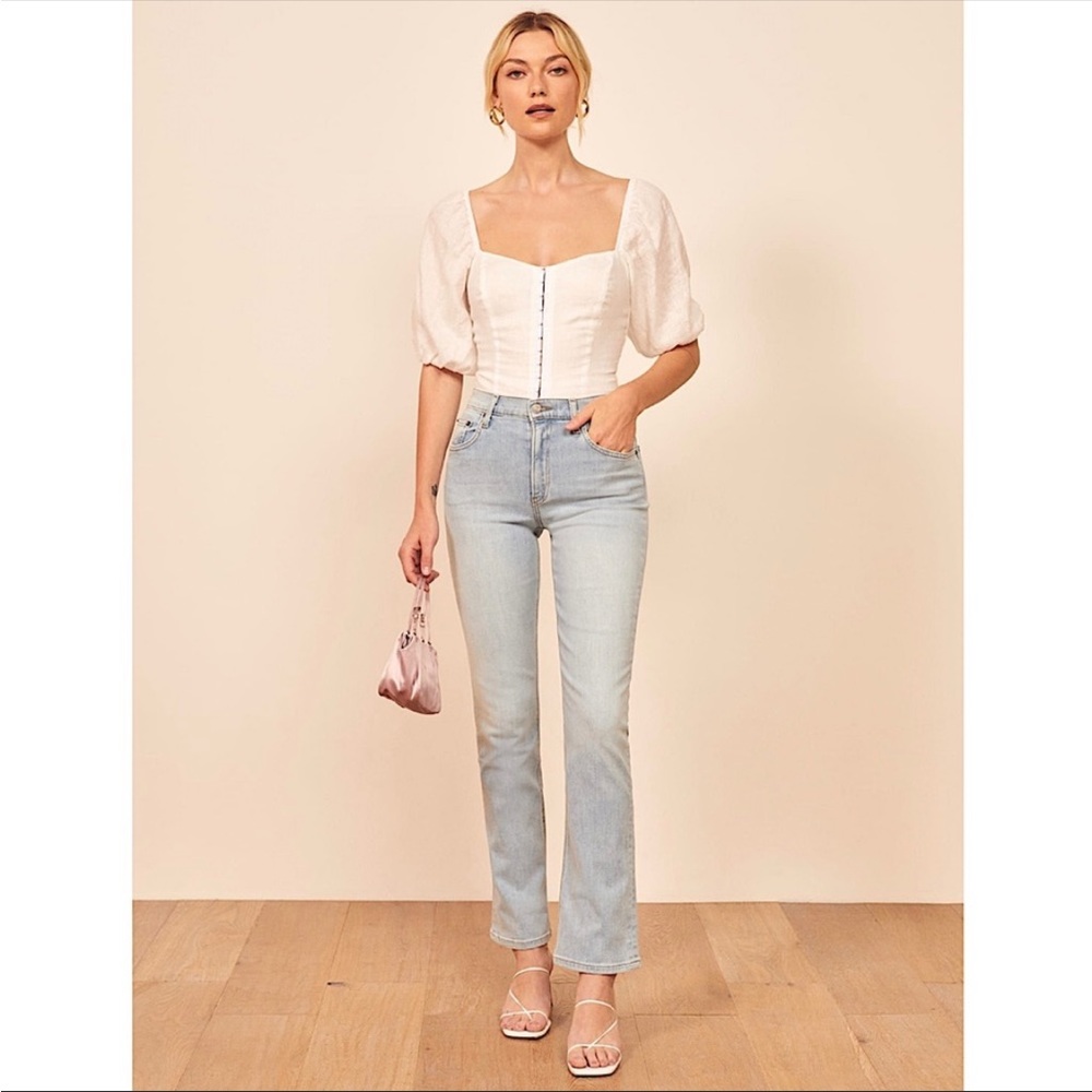 REFORMATION 90s High Waist Distressed Light Stretch Denim Straight Leg Jean 25